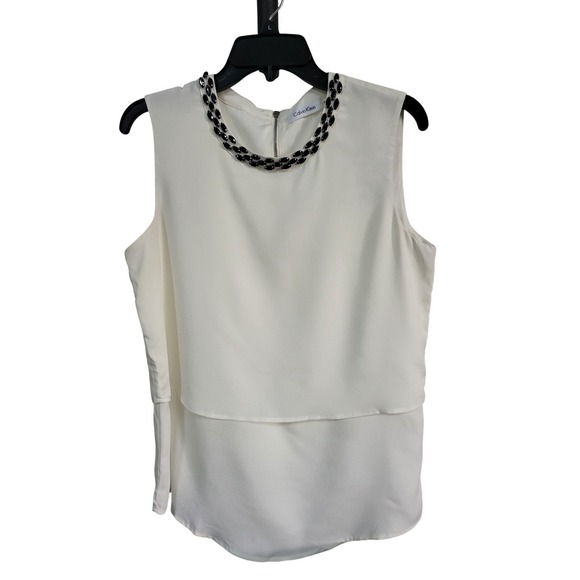 Calvin Klein Sleeveless Blouse Layered Jewel Neck Top Ivory - Picture 2 of 6